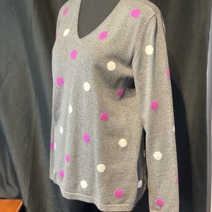 Marble Gray Sweater Top Long Sleeve with White and Purple Dots. Size: Medium.